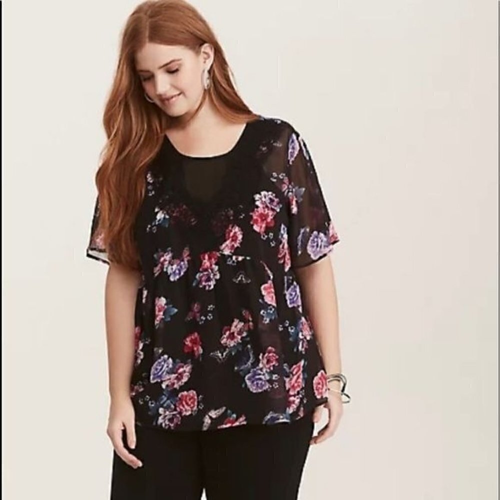 Torrid Black Multi-Color Floral Print Crinkled Chiffon Lace Trim Top Blouse Sz0X